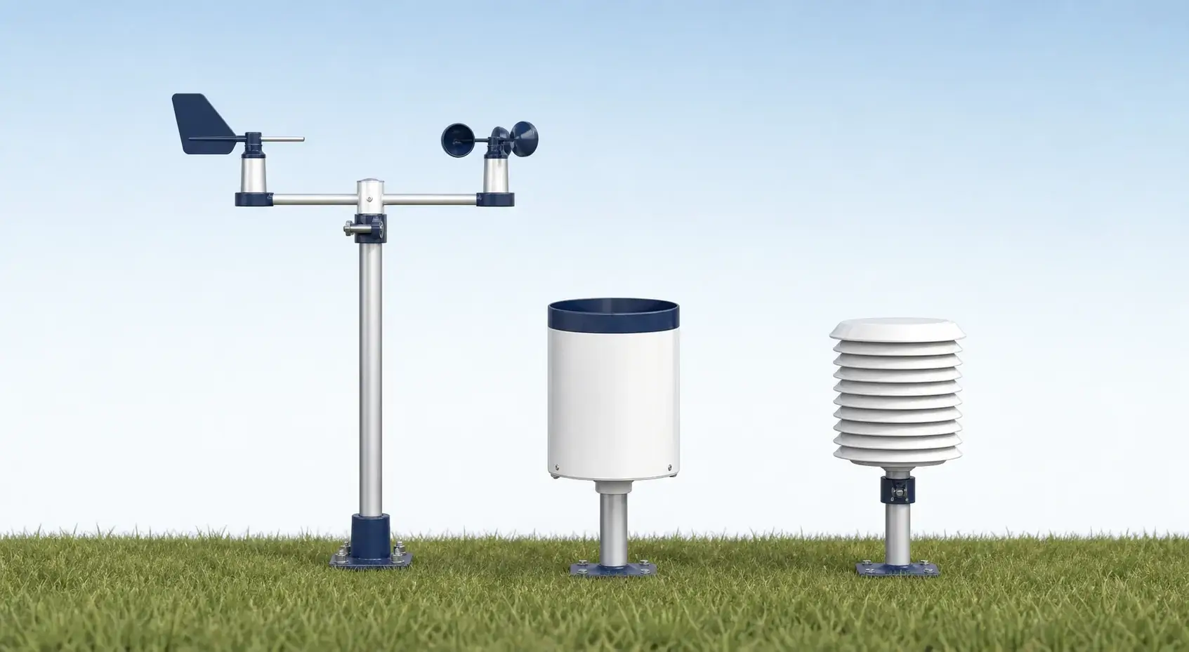 Modular weather station with separately sited wind mast, rain gauge, and shielded temperature-humidity sensor