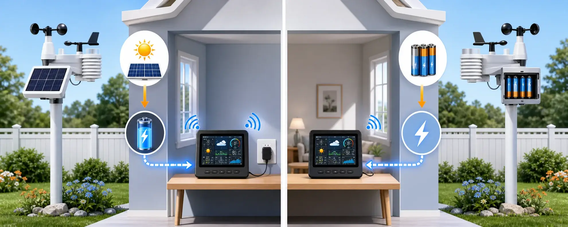 Solar-powered and replaceable-battery weather station arrays sending data to wall-powered indoor displays