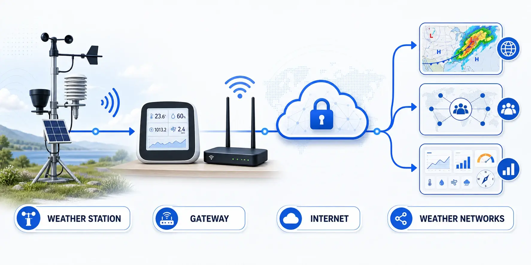 How weather data moves from a personal weather station through a gateway and the internet to public maps, community networks, and dashboards