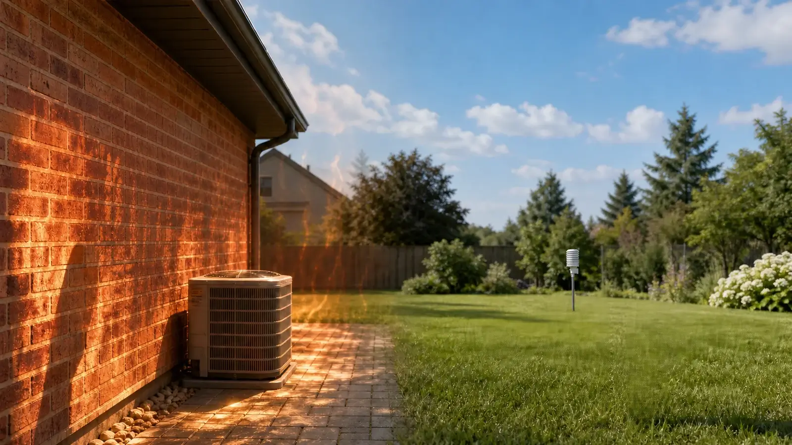 Single weather station sensor positioned well back in an open yard away from a brick wall and air conditioner