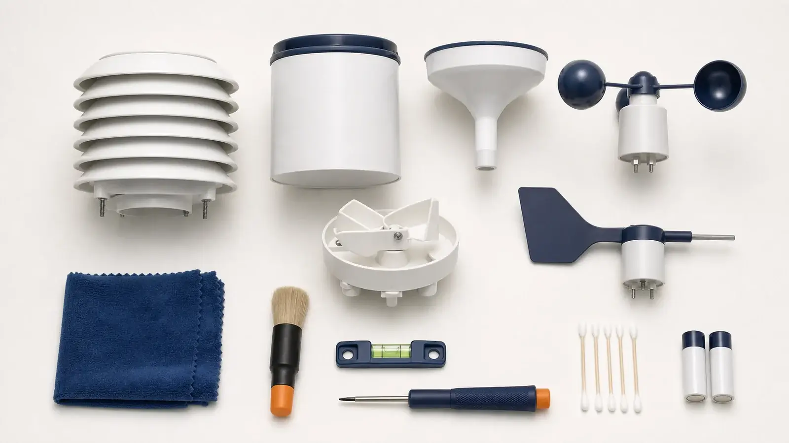 Weather station components and maintenance tools used to preserve sensor accuracy