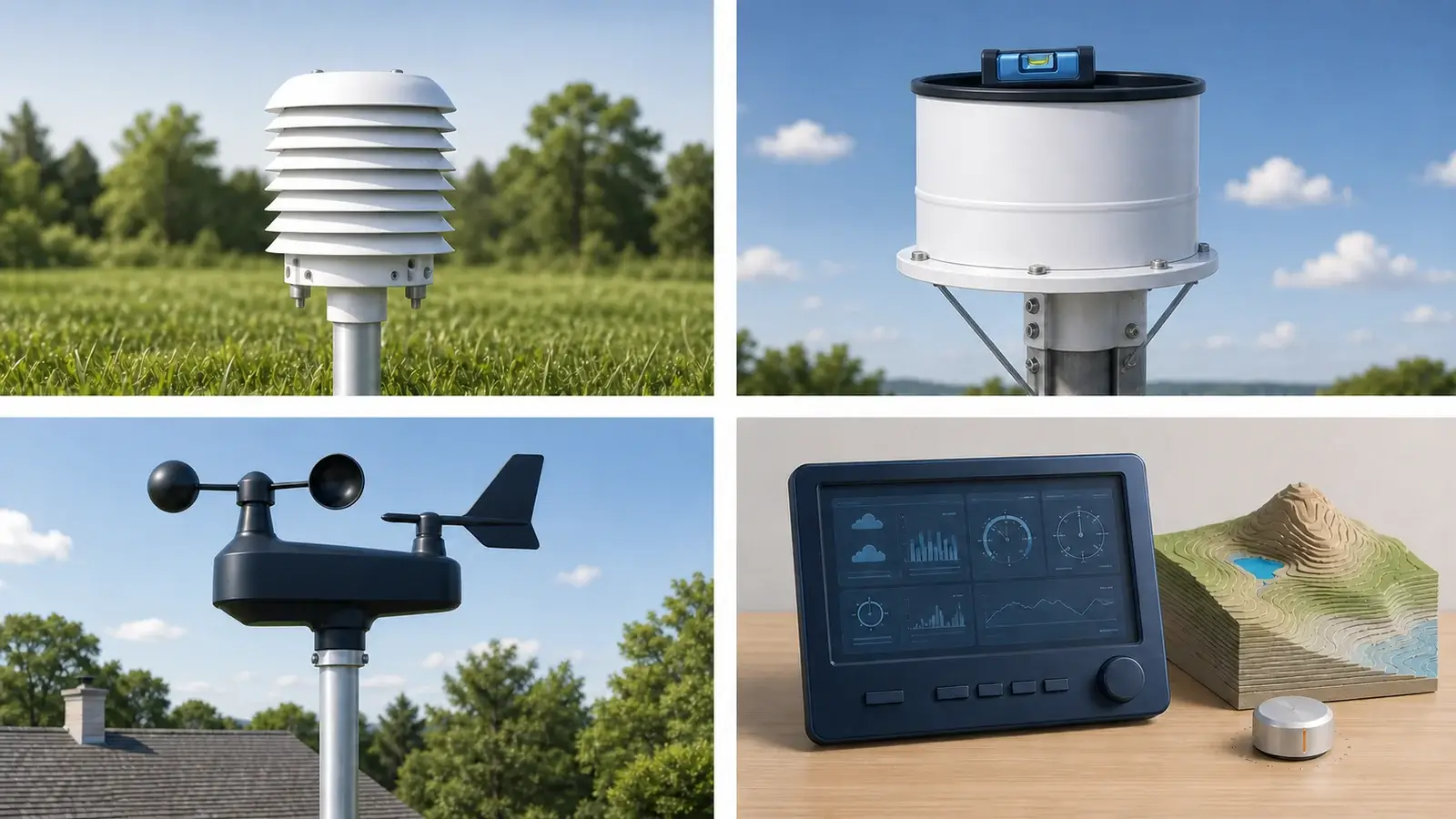 Temperature, rain, wind, and pressure measurement setups that protect weather station accuracy