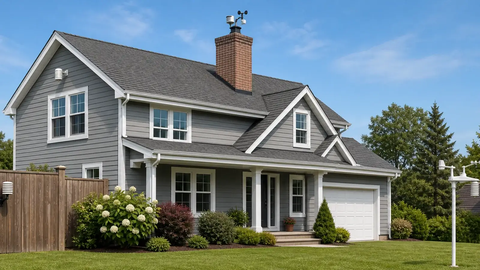 Home showing weather station sensors mounted at a roof eave, inactive chimney, fence, and open-yard pole.