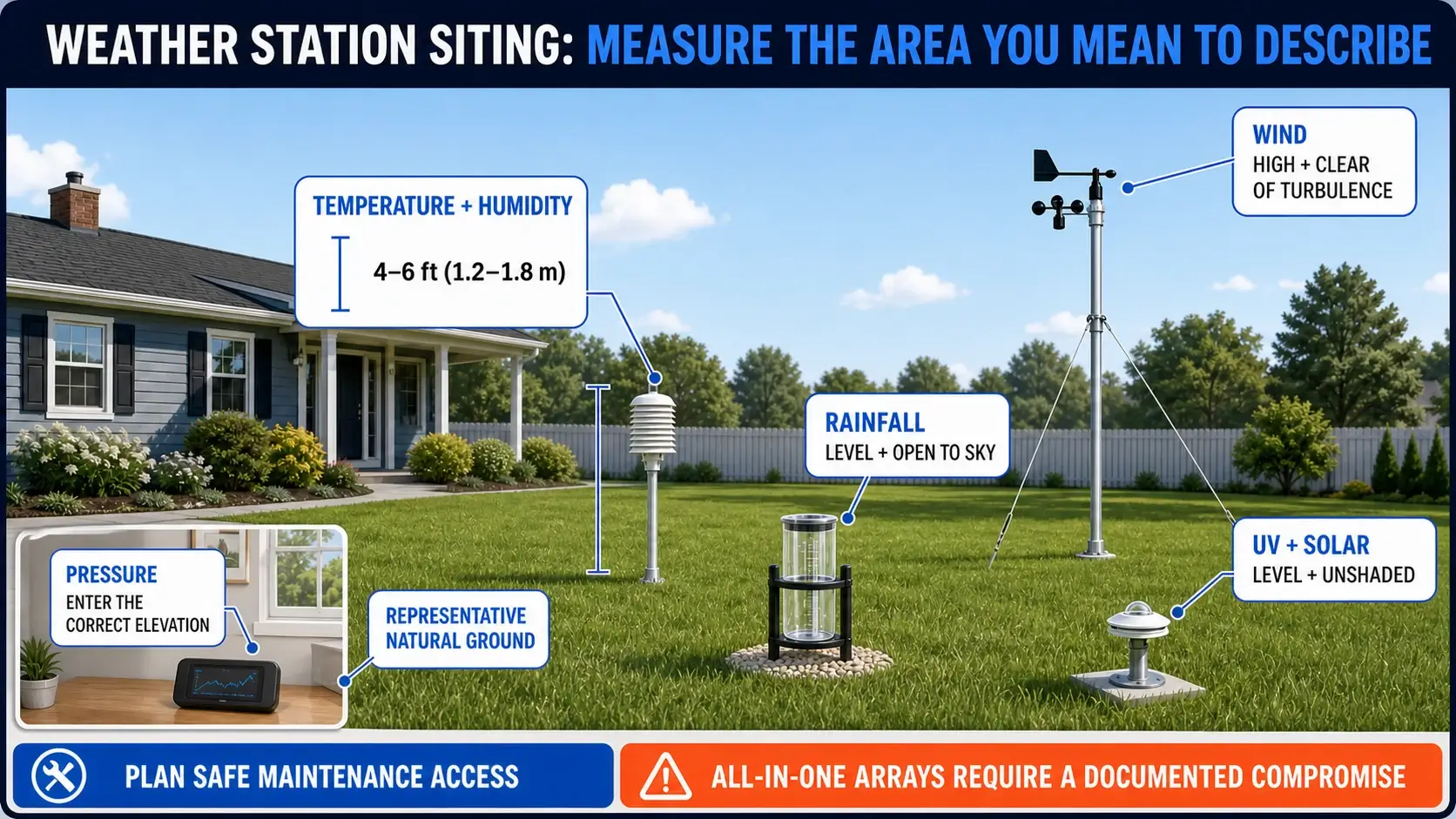 Weather station siting infographic showing placement needs for temperature, humidity, rainfall, wind, pressure, UV, and solar sensors