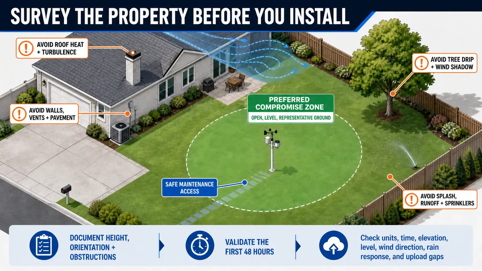 Residential weather station site survey showing an open compromise zone and hazards from roofs, walls, vents, pavement, trees, runoff, and sprinklers
