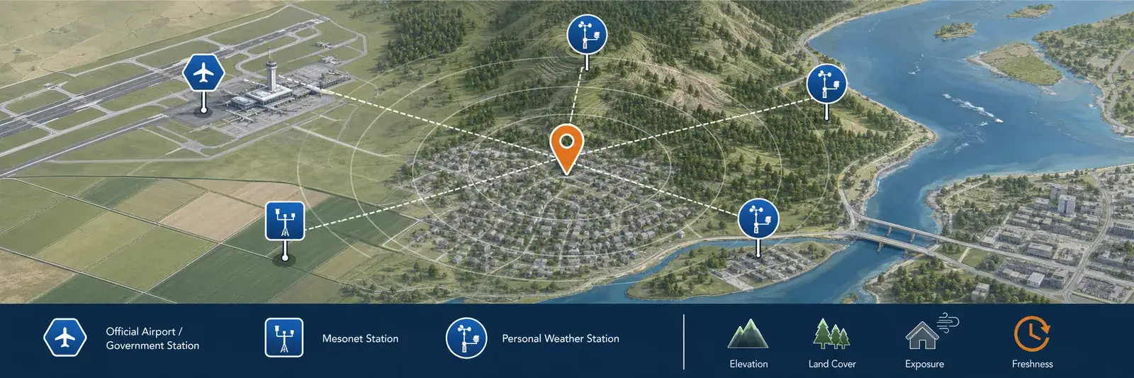 Conceptual map comparing nearby airport, government, mesonet, and personal weather stations across different elevation, land cover, and exposure