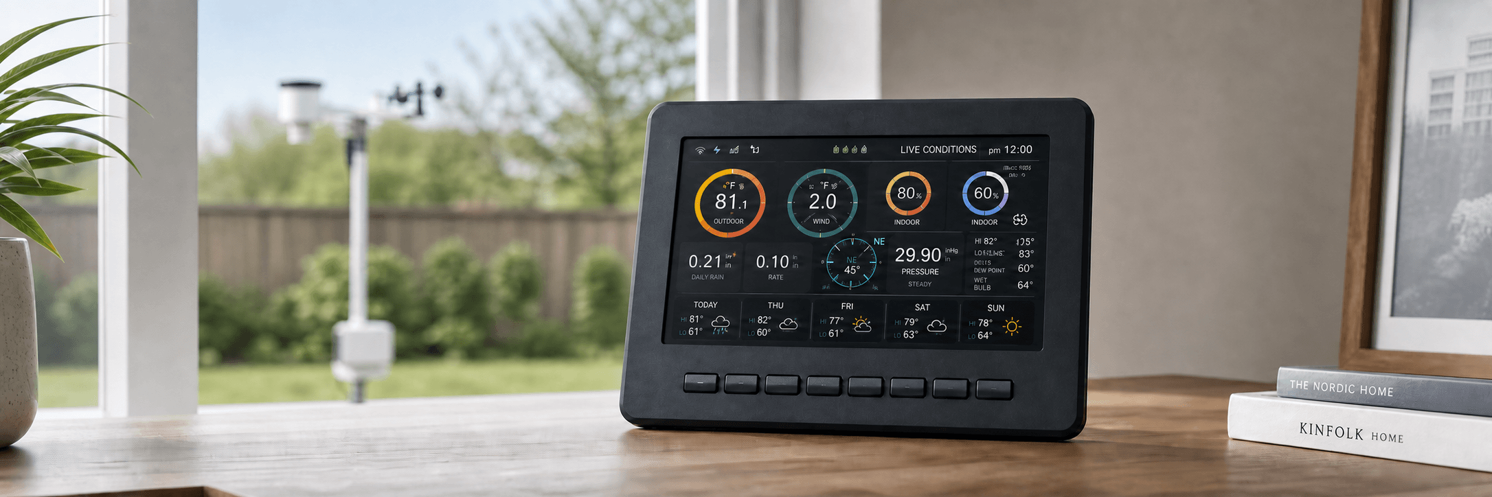 WS-2000-style weather station display showing live home weather conditions in a modern home office