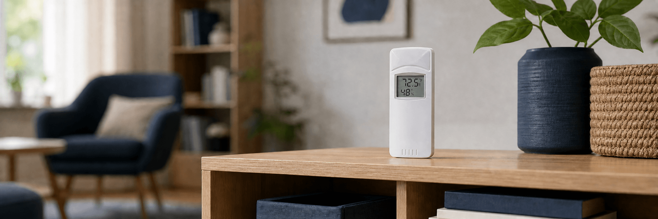 Separate indoor temperature humidity and pressure sensor positioned on a shelf in a representative living area