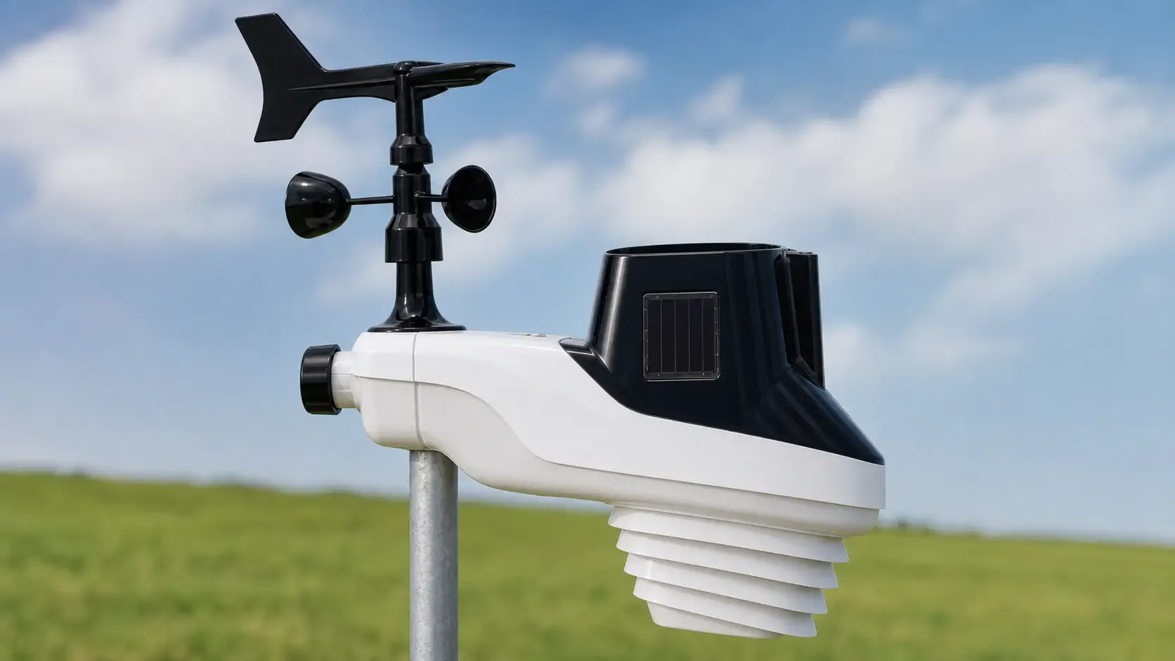 Close view of an AcuRite Atlas showing its wind vane, cups, rain collector, solar panels, and radiation shield
