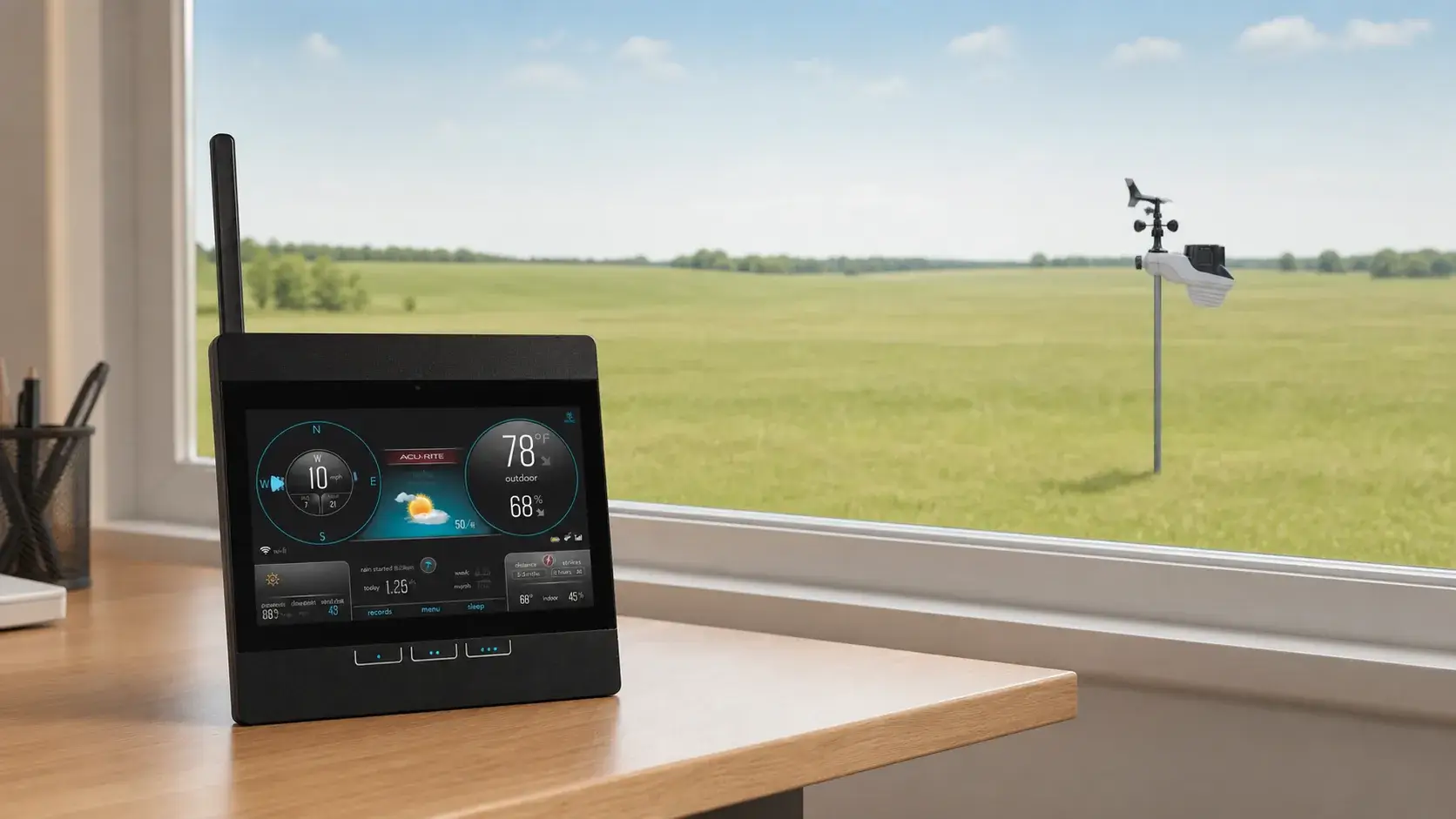 AcuRite Atlas direct-to-Wi-Fi color display indoors with the Atlas sensor far out in an open lawn