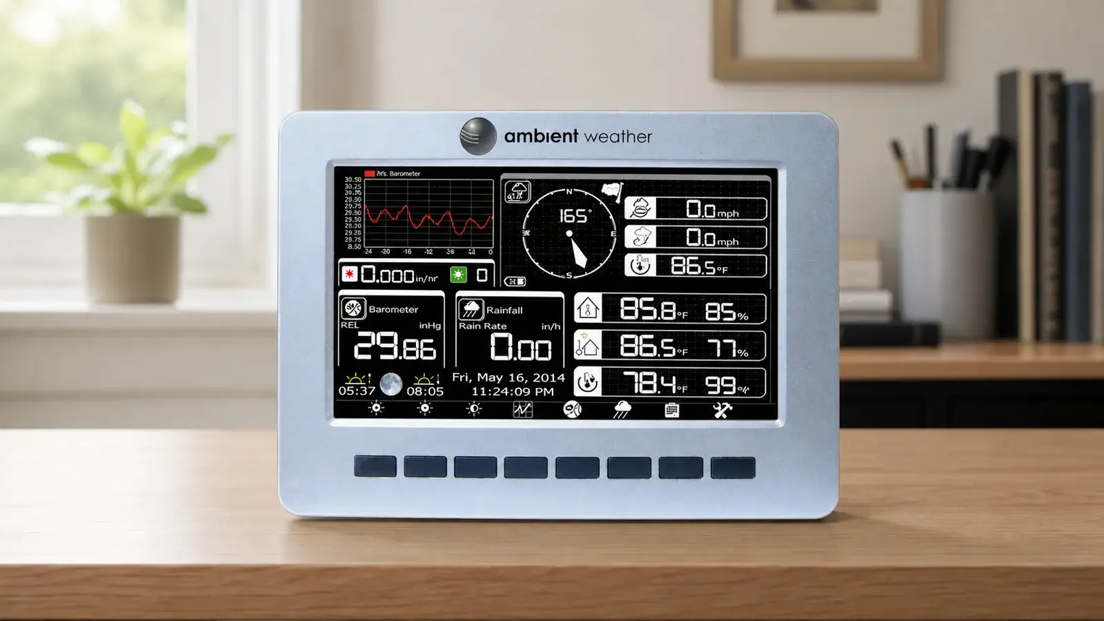 Legacy Ambient Weather WS-1002-WIFI Observer Series console on a home-office desk