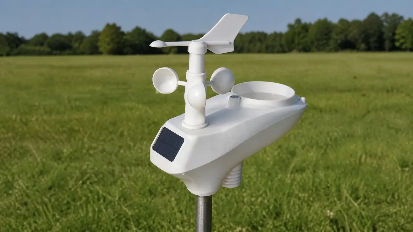 Legacy Ambient Weather WS-1002 Observer Series cup-and-vane sensor array mounted in an open grass field