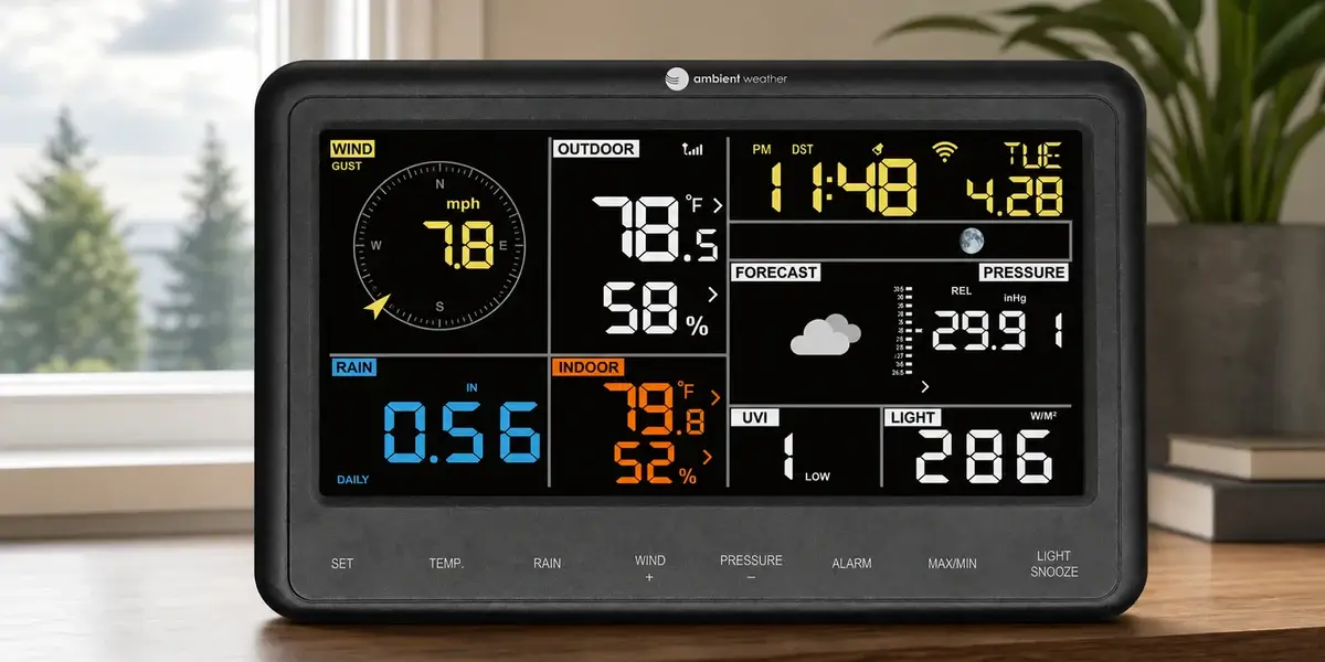 Ambient Weather WS-2902 color-film LCD console on a home-office shelf