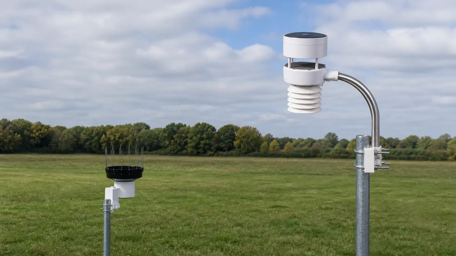 Ambient Weather WS-5000 WS80 ultrasonic array and separate WH40 rain gauge mounted at two open-field locations