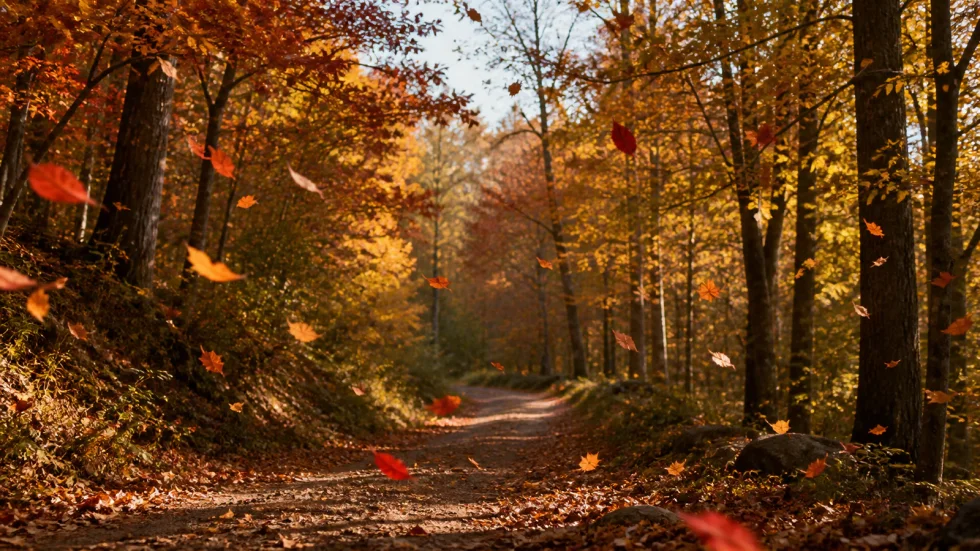 Red orange and gold autumn leaves falling through a sunlit woodland path