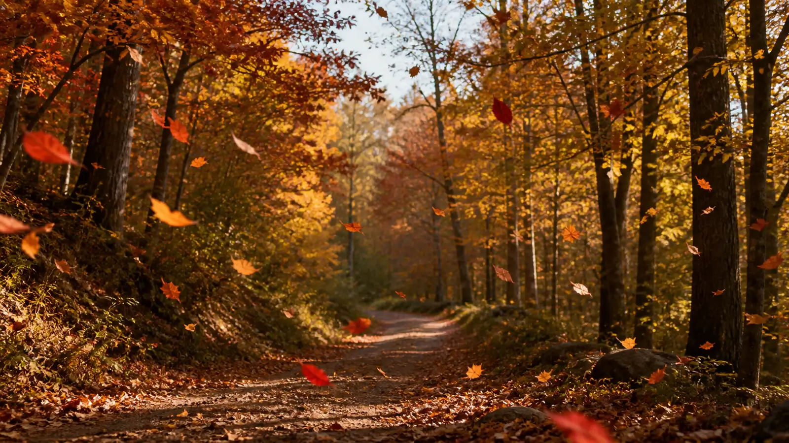 Red orange and gold autumn leaves falling through a sunlit woodland path
