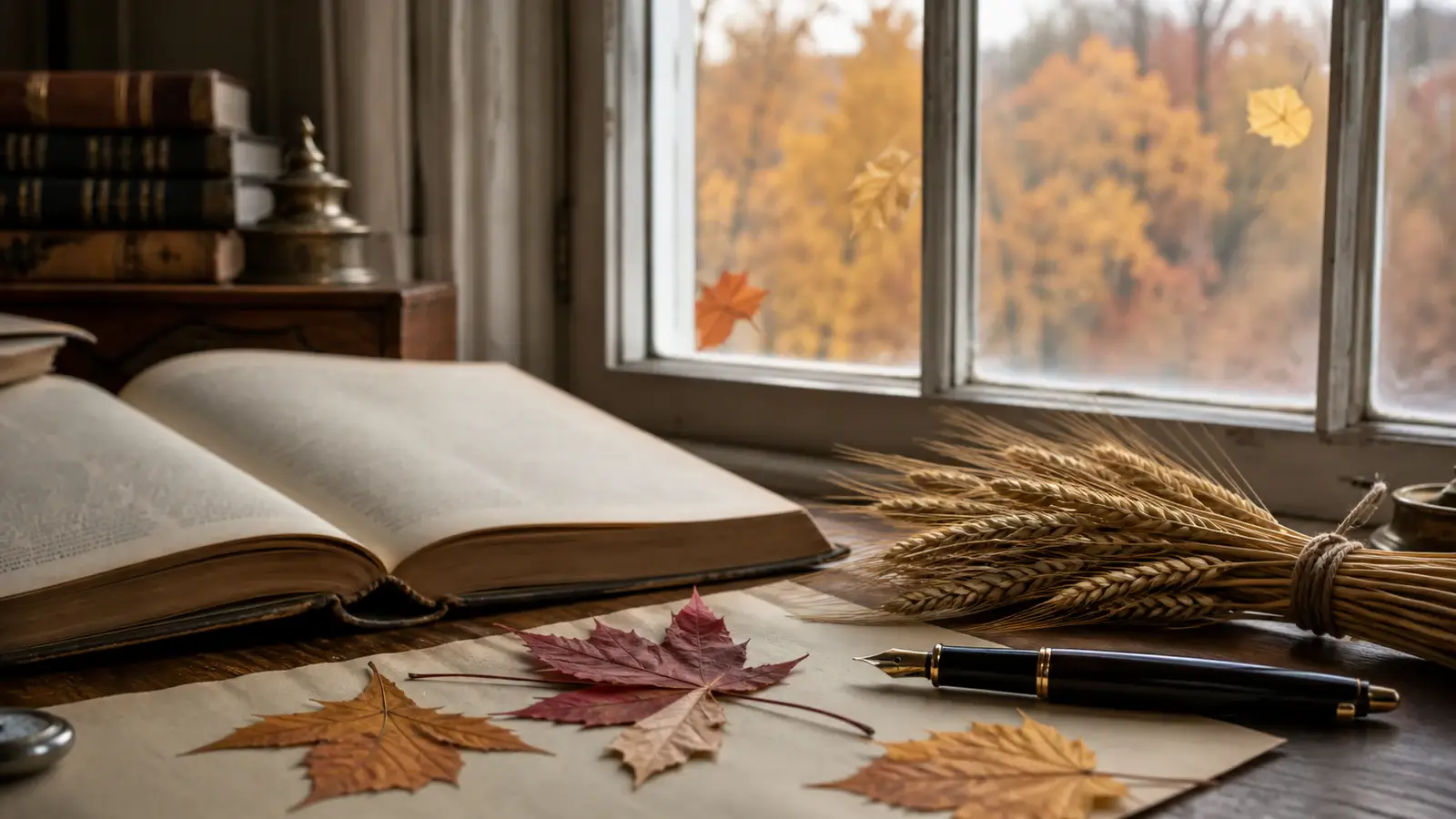 Open old book with autumn leaves, a fountain pen, and harvested grain by a window