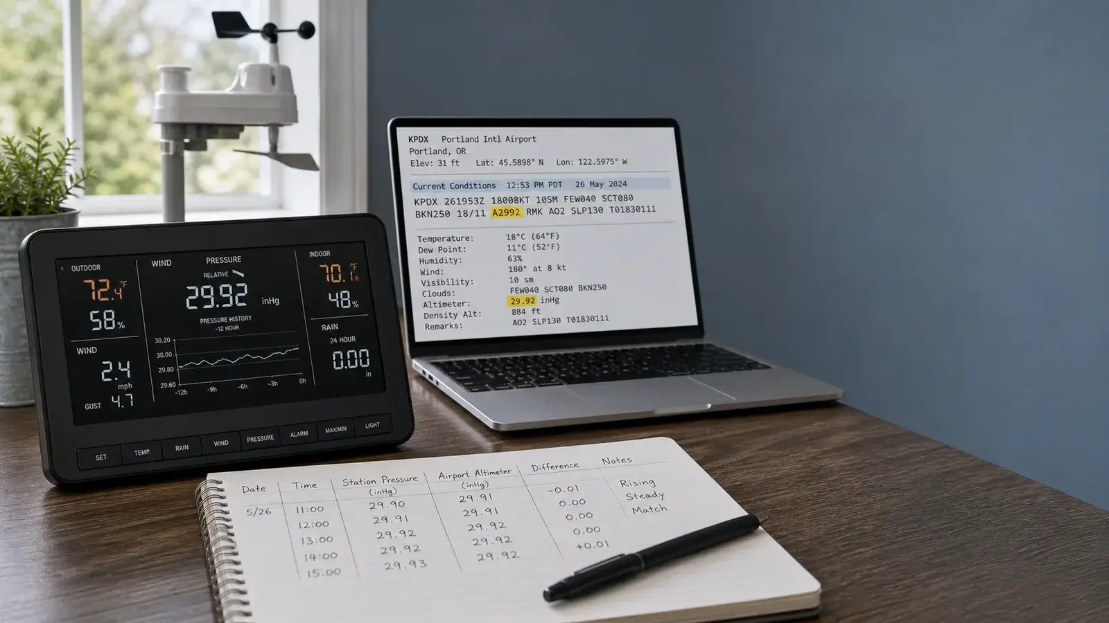 Home weather station console pressure reading compared with a nearby official station and a verified elevation