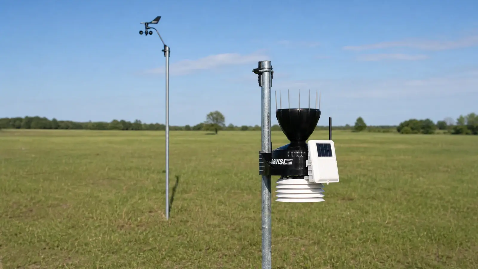 Davis Vantage Pro2 6252 rain and temperature suite in an open field with its anemometer on a separate taller mast