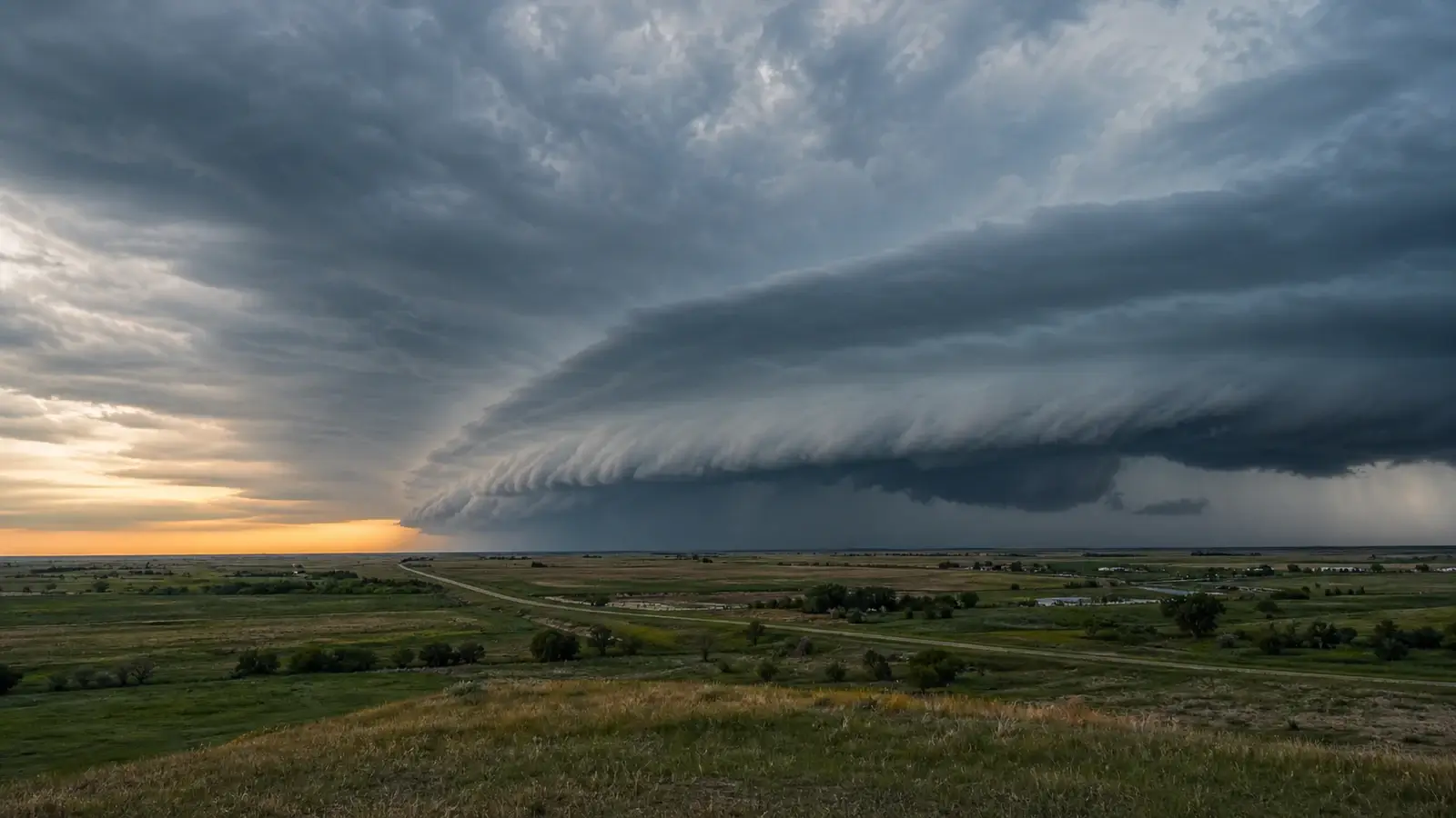 Long bowing line of thunderstorms crossing open plains at sunset