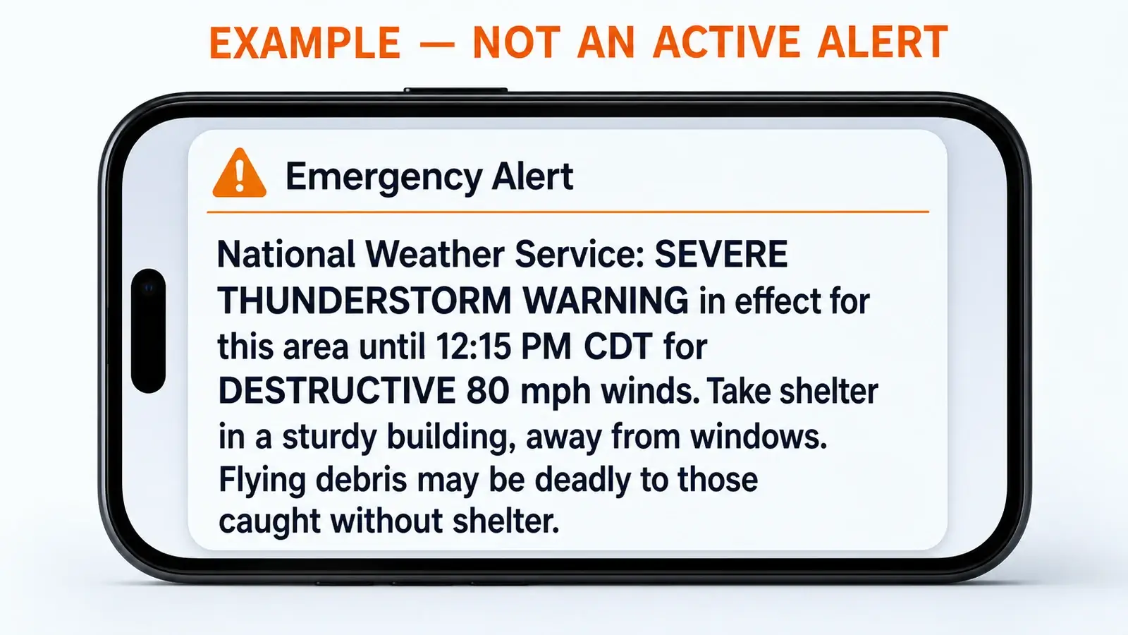 Example smartphone Wireless Emergency Alert for a destructive severe thunderstorm with 80 mph winds