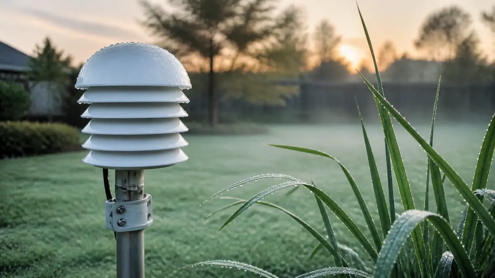 Outdoor temperature and humidity sensor in moist morning air with dew on nearby grass
