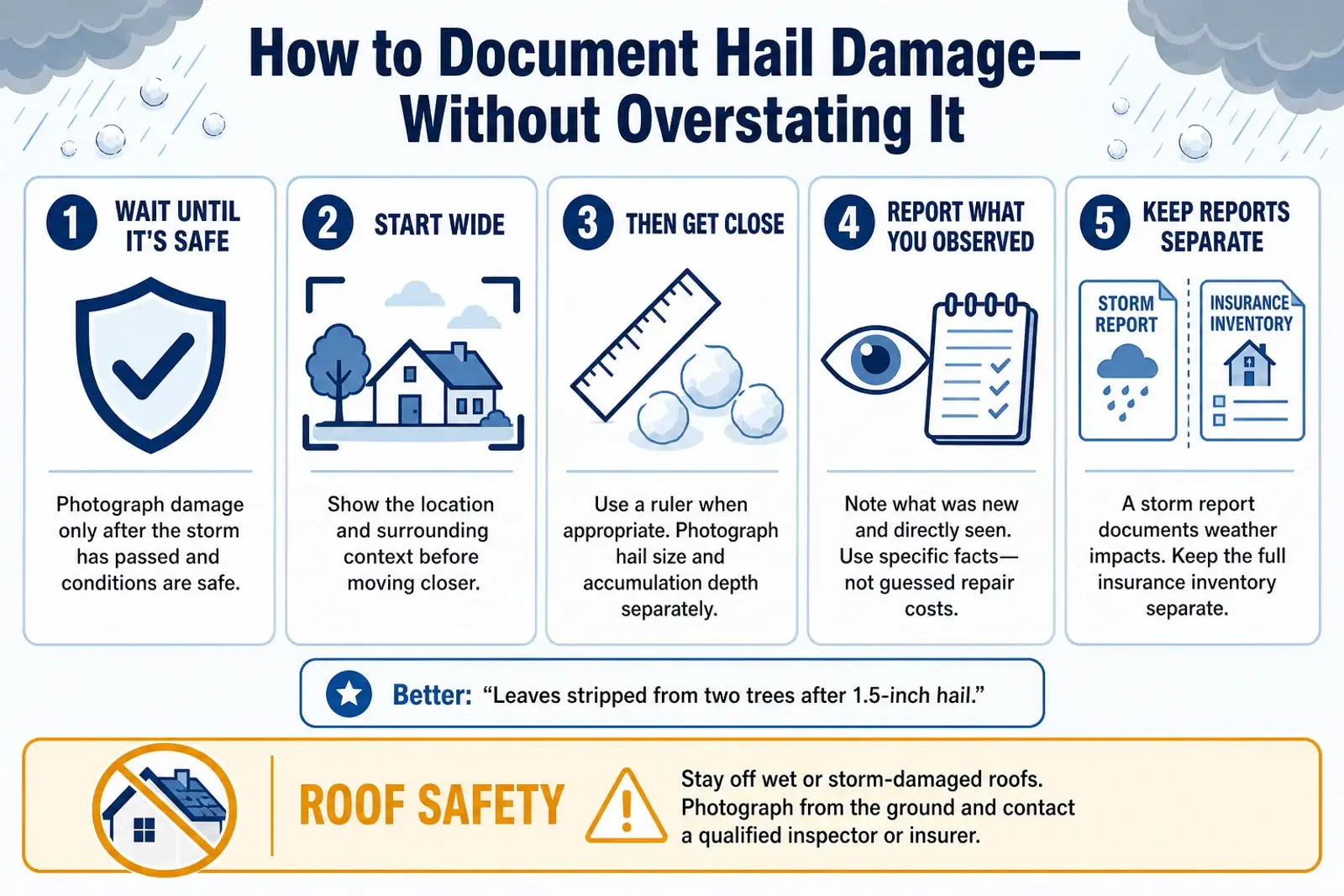 Five-step infographic for documenting hail damage safely with wide and close photographs, direct observations, separate storm and insurance reports, and roof safety guidance