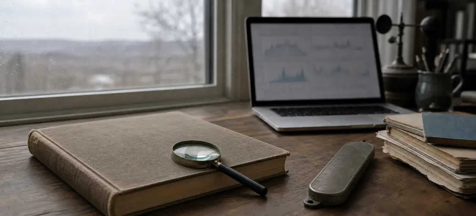 Weather records, magnifying glass, thermometer case, and laptop on a desk