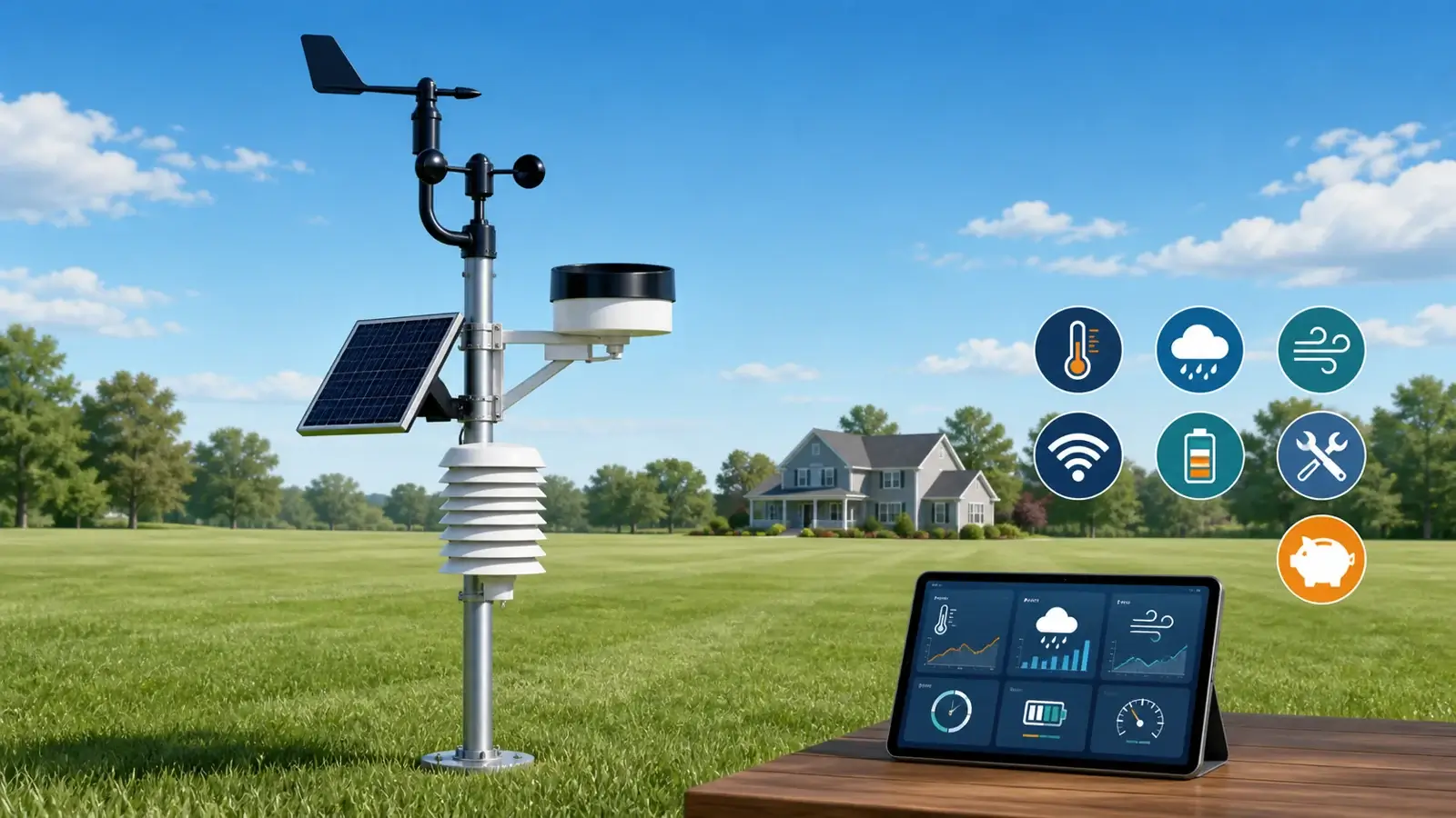 Generic home weather station in an open yard with icons for temperature, rain, wind, Wi-Fi, power, maintenance, and budget