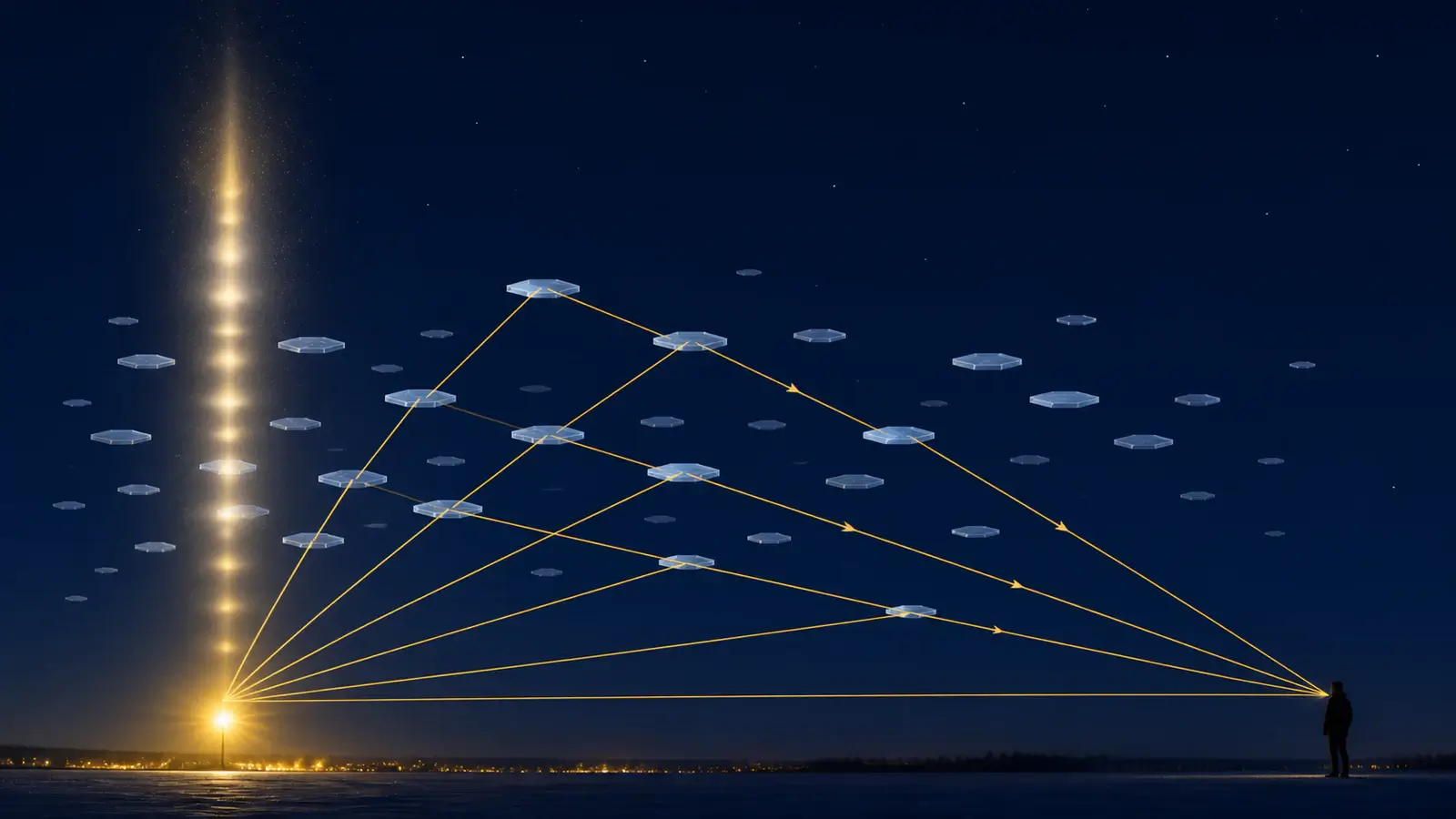 Diagram showing light from a lamp reflecting off flat ice crystals toward an observer to create an apparent light pillar