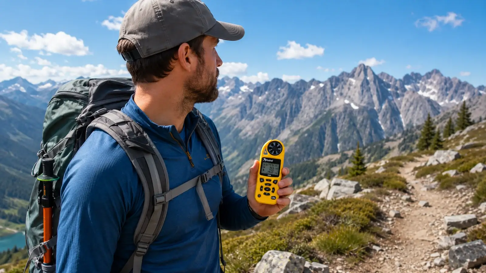 Illustration of a hiker holding a handheld weather meter in mountain terrain