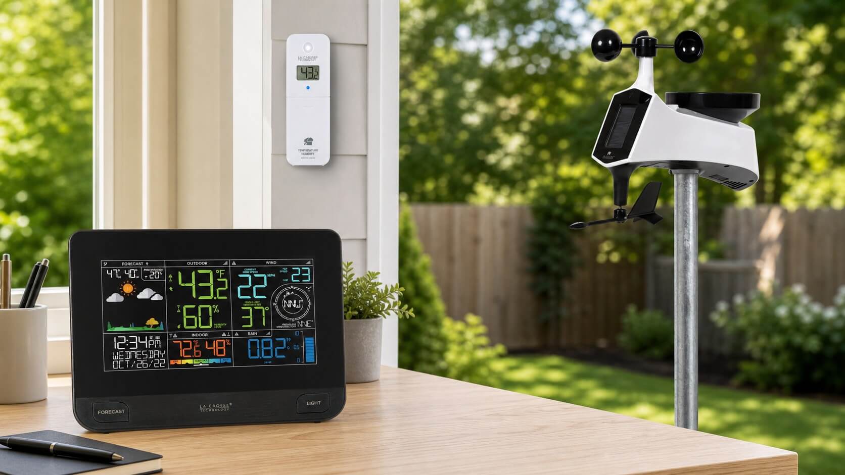 Editorial lifestyle rendering of the exact La Crosse V42-PRO Cyclone sensor, separate LTV-TH5i transmitter, and color display