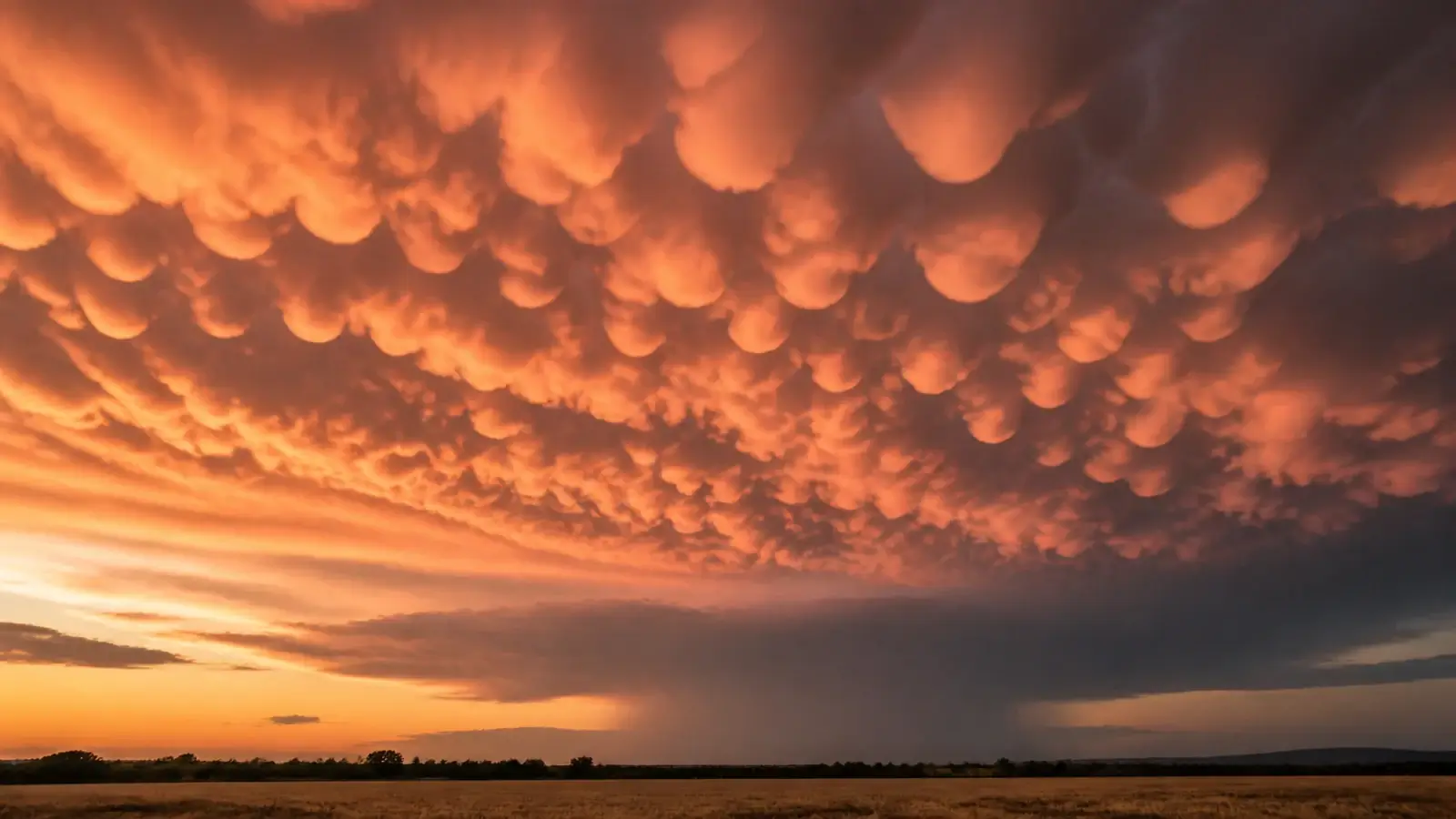 Orange mammatus pouches beneath a receding thunderstorm anvil at sunset