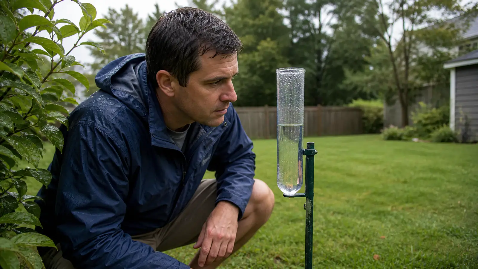 Home weather observer reading a clear cylindrical rain gauge at eye level after a storm