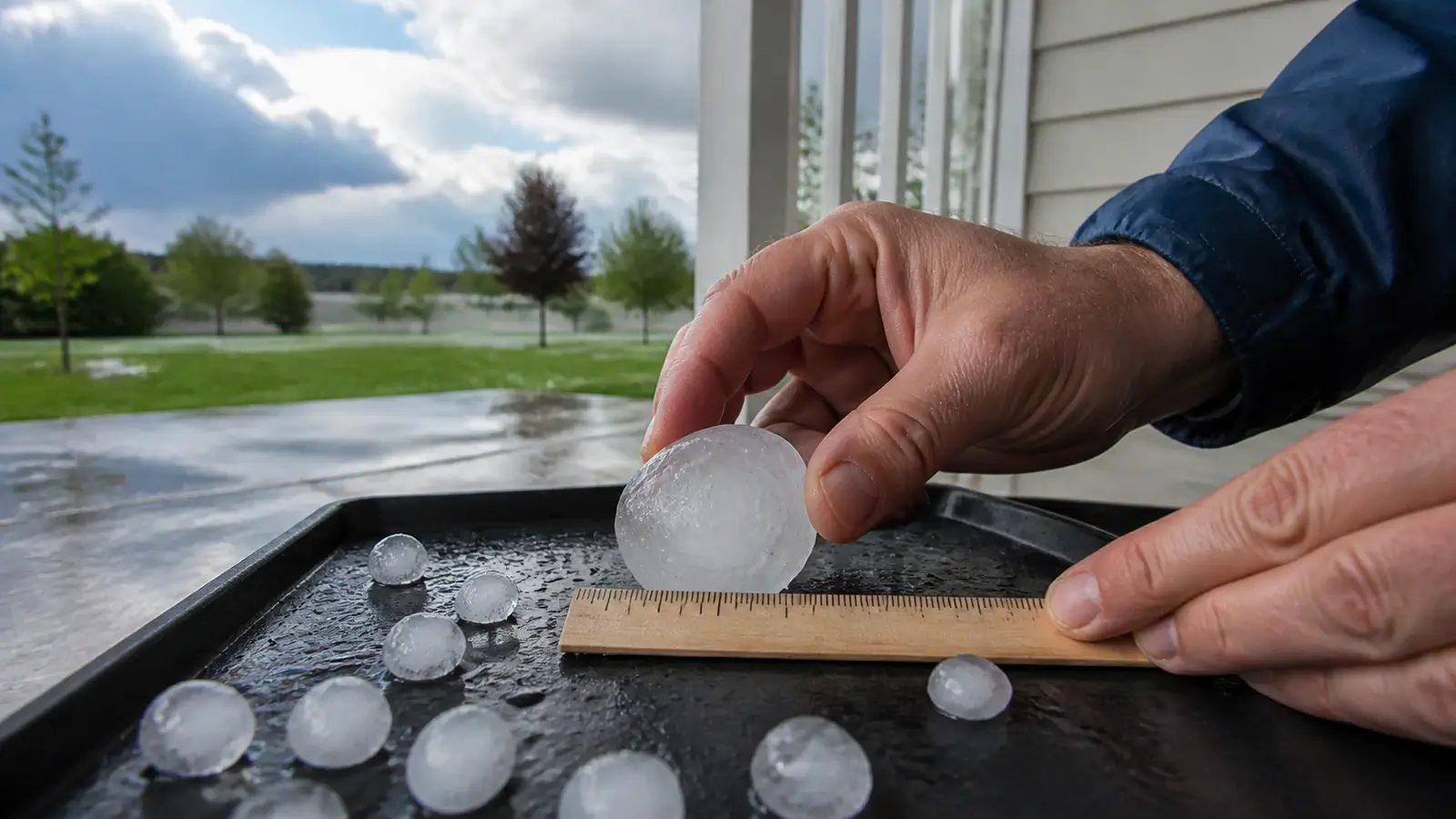 Weather observer safely measuring the diameter of a large hailstone with a ruler after a storm