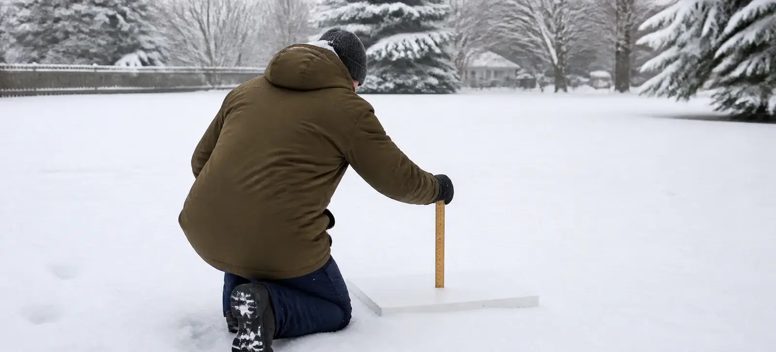 Weather observer measuring fresh snowfall on a snow board with a vertical ruler