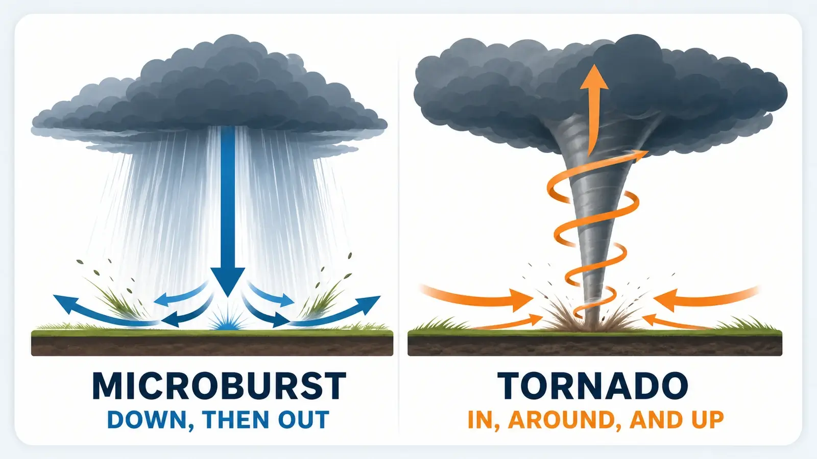 Cross-sections showing microburst air descending and spreading outward while tornado air converges, rotates, and rises
