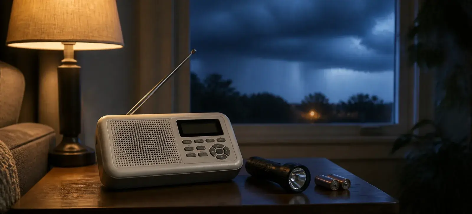 Weather alert radio beside a flashlight and spare batteries as a storm approaches