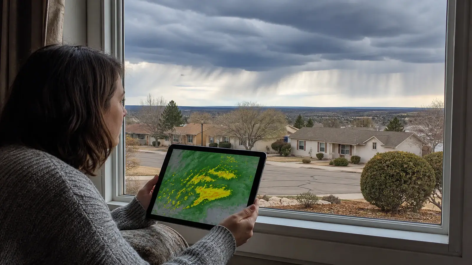 Person checking a weather radar app under dark clouds while the pavement remains dry