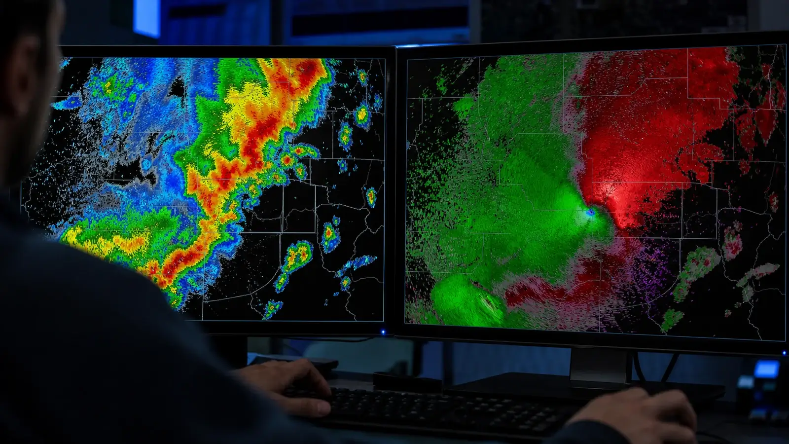 Conceptual side-by-side reflectivity and radial velocity radar displays