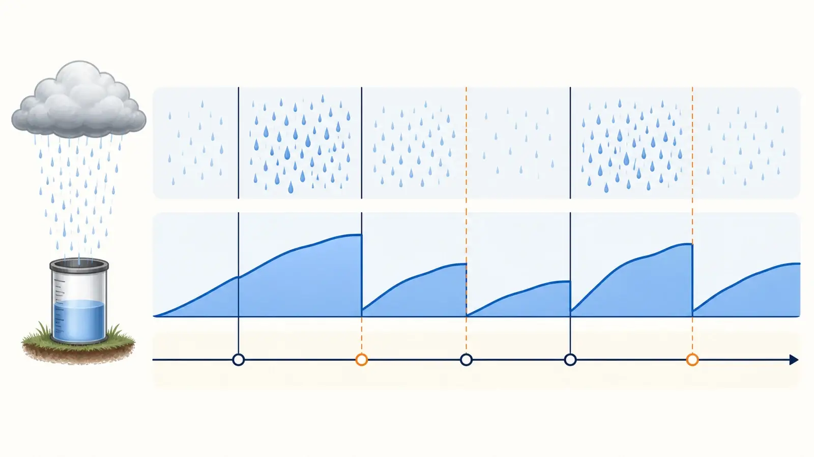 Visual timeline showing a rain shower, changing intensity, accumulation, and reset points