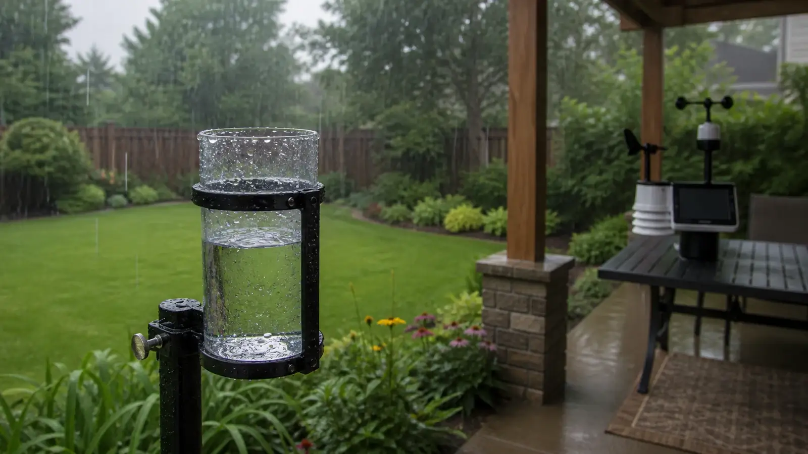 Rain gauge collecting water during a shower beside a weather station display