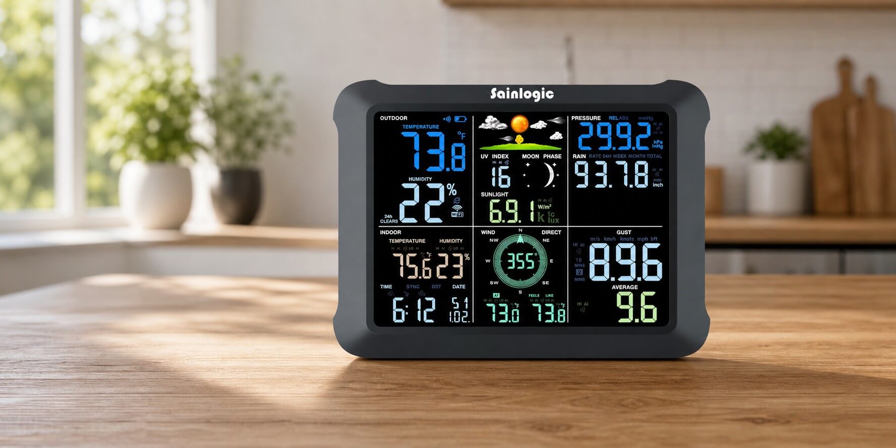 Editorial lifestyle rendering of the exact Sainlogic SA9 8.5-inch weather-station console