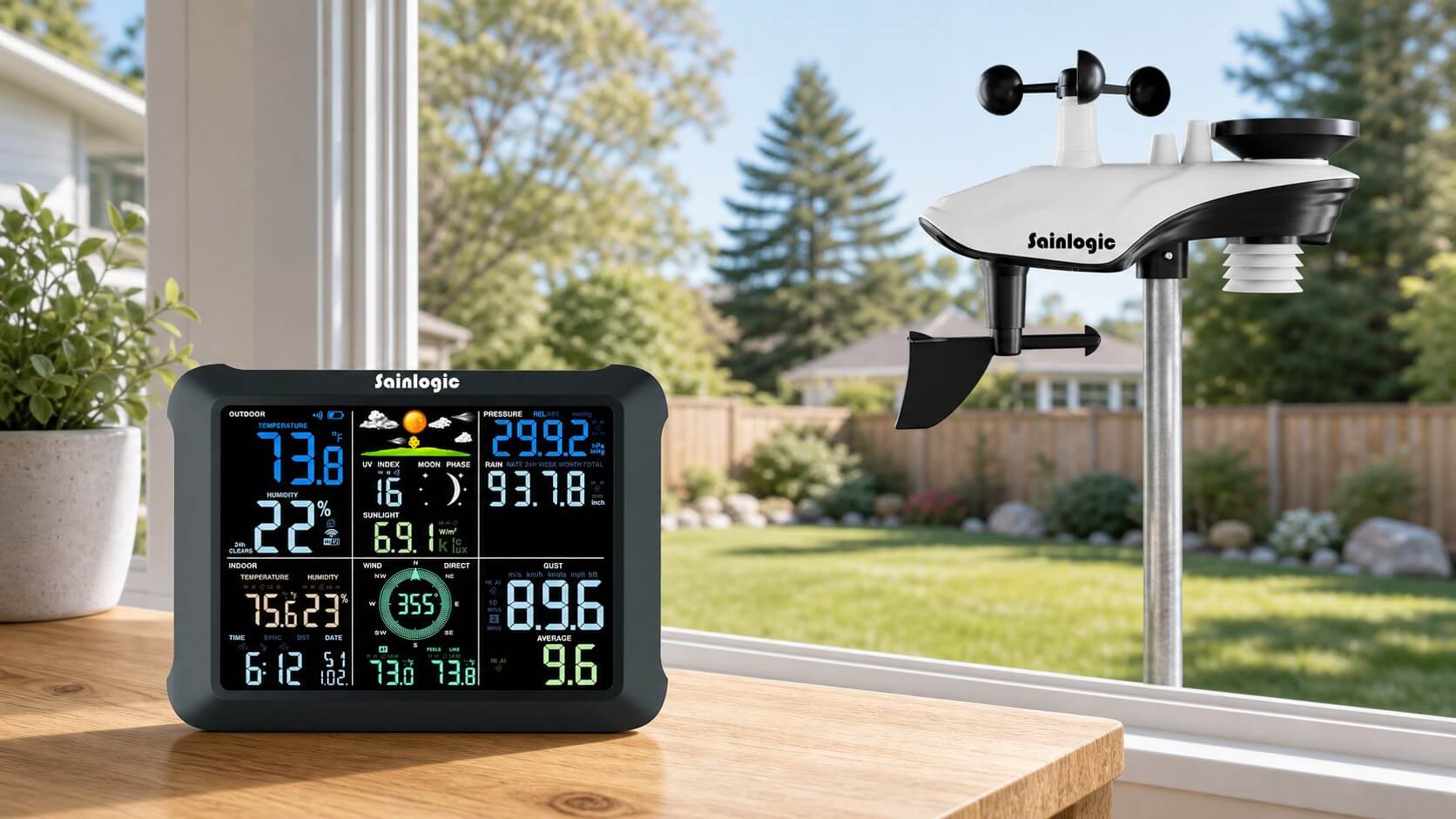 Editorial lifestyle rendering of the exact Sainlogic SA9 outdoor array and 8.5-inch console
