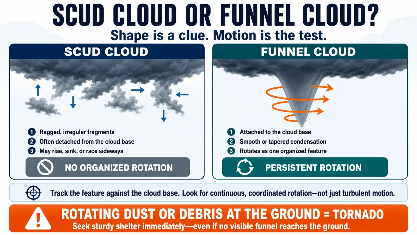 Side-by-side illustration comparing ragged non-rotating scud with an attached funnel showing organized rotation