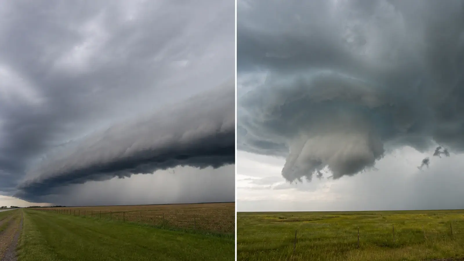 Side-by-side field view of a broad shelf cloud and a localized wall cloud