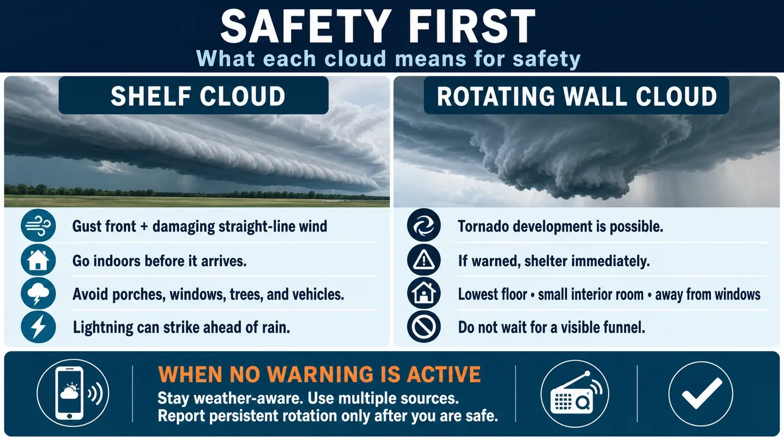 Safety infographic comparing shelf cloud wind hazards with tornado shelter actions for a rotating wall cloud