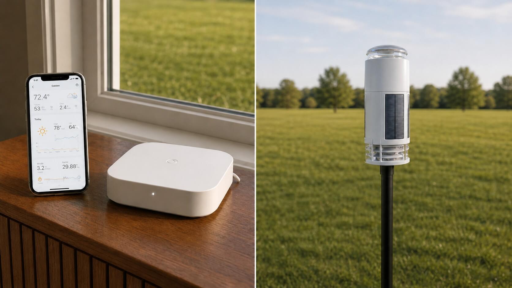 Split-screen editorial lifestyle rendering of the Tempest phone and powered hub indoors and the outdoor sensor in open lawn