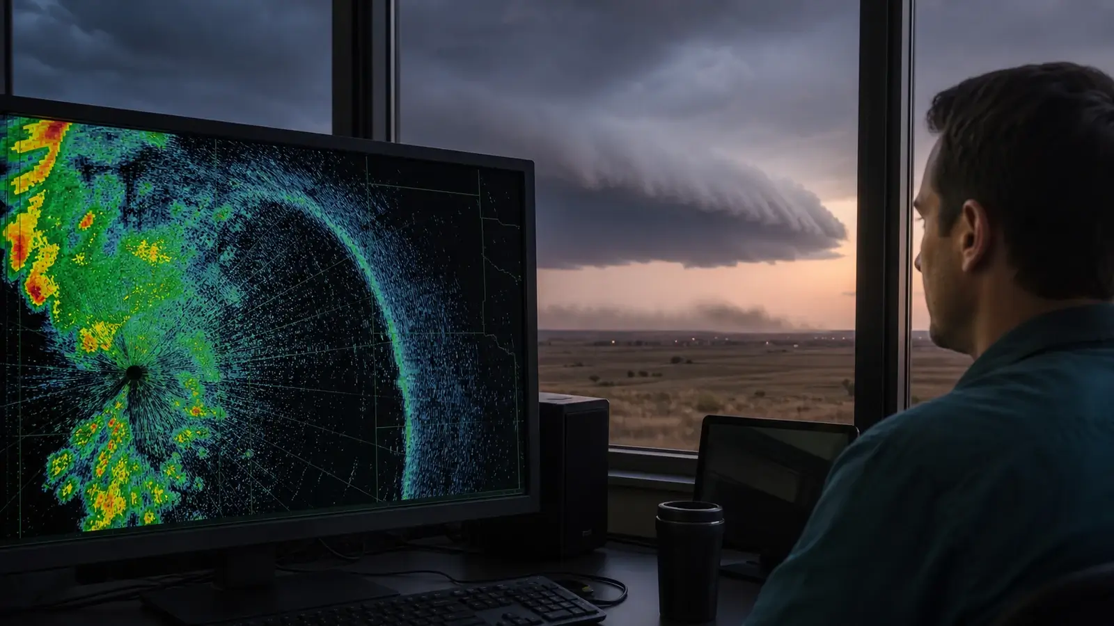 Conceptual illustration of a radar arc on a screen with a distant storm outside