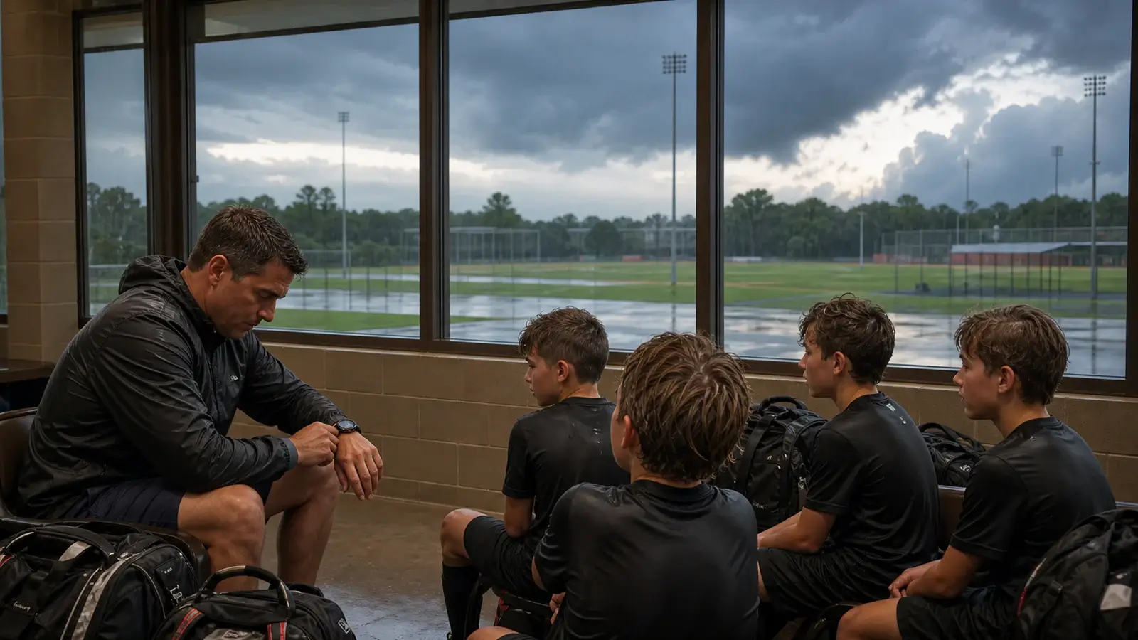 Families and athletes sheltering inside a substantial building while lightning flashes beyond a rain-covered window